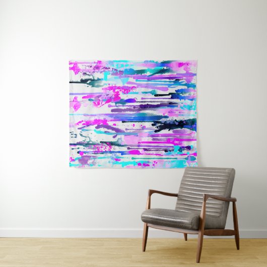 抽象芸術ウォーターカラードリップスブルーターコイズピンク タペストリー (インサイチュ(横))