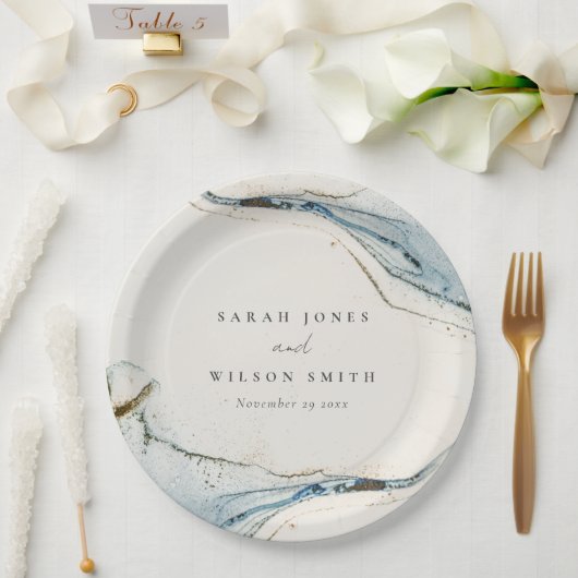 抽象芸術ウォーターカラーブルー金ゴールドビーチズ結婚ズ ペーパープレート (ウェディング)
