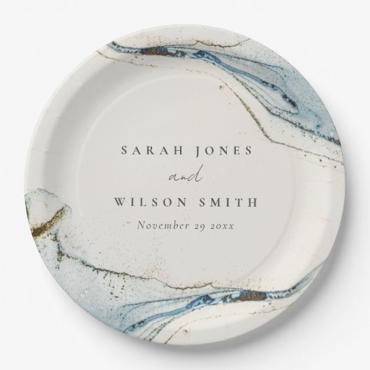 抽象芸術ウォーターカラーブルー金ゴールドビーチズ結婚ズ ペーパープレート (正面)