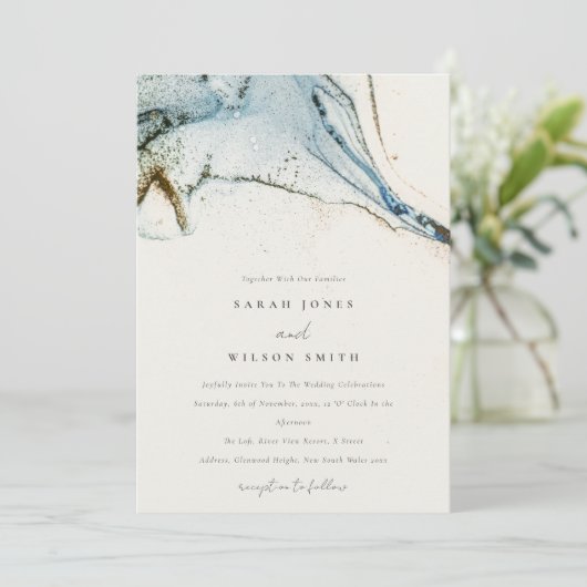 抽象芸術ウォーターカラーブルー金ゴールドビーチズ結婚ズ 招待状 (スタンド正面)