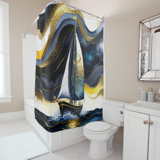 抽象芸術ウォーター絵を描カラーの帆船の夜 シャワーカーテン (インサイチュ)