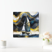 抽象芸術ウォーター絵を描カラーの帆船の夜 スクエア壁時計 (ホーム)