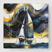 抽象芸術ウォーター絵を描カラーの帆船の夜 スクエア壁時計 (正面)