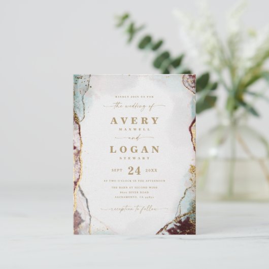 抽象芸術エザーアルワイン&金ゴールド結婚式招待状 案内ポストカード (スタンド正面)