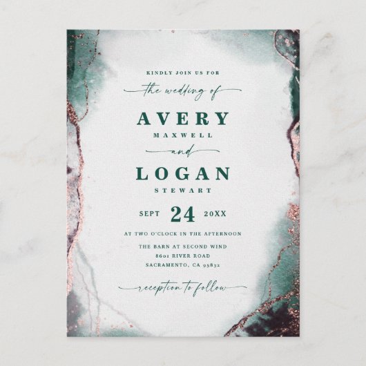 抽象芸術エテリアエメラルドグリーン結婚式招待状 案内ポストカード (正面)