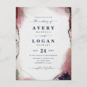 抽象芸術エテリアネイビーブルゴーニュ結婚式招待状 案内ポストカード (正面)