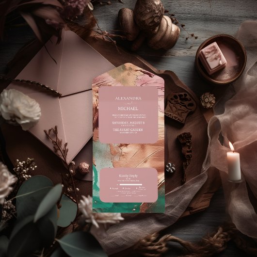 抽象芸術エメラルドグリーンバラ結婚金ゴールド オールインワン招待状