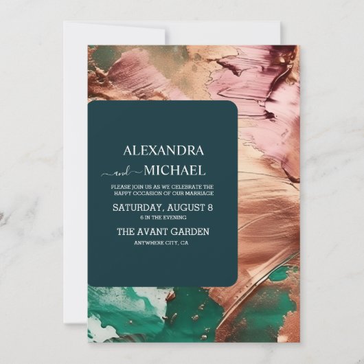 抽象芸術エメラルドグリーンバラ結婚金ゴールド 招待状 (正面)