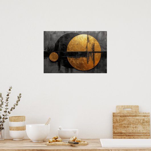 抽象芸術エレガンス:ブラック、金ゴールド、グレーアート ポスター (キッチン)