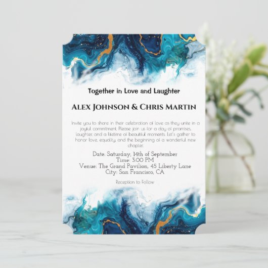 抽象芸術エレガンスLGBTQ深いブルーティール(緑がかった色)金ゴールド 招待状 (スタンド正面)