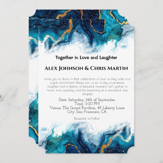 抽象芸術エレガンスLGBTQ深いブルーティール（緑がかった色）金ゴールド 招待状 (正面/裏面)