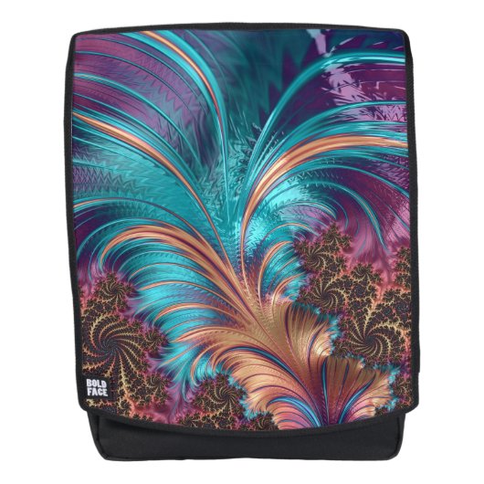 抽象芸術エレガントティール(緑がかった色)とパープルフェザー バックパック (正面)