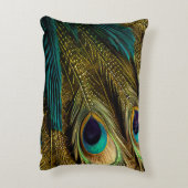 抽象芸術エレガントティール(緑がかった色)ブルー金ゴールド孔雀の羽根 | アクセントクッション (裏面(縦))