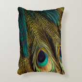 抽象芸術エレガントティール(緑がかった色)ブルー金ゴールド孔雀の羽根 | アクセントクッション (正面(垂直))