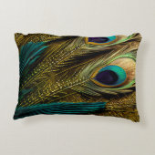 抽象芸術エレガントティール(緑がかった色)ブルー金ゴールド孔雀の羽根 | アクセントクッション (裏面)