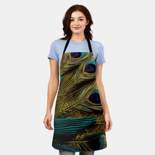 抽象芸術エレガントティール(緑がかった色)ブルー金ゴールド孔雀の羽根 | エプロン (着用した状態)