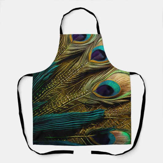 抽象芸術エレガントティール(緑がかった色)ブルー金ゴールド孔雀の羽根 | エプロン (正面)