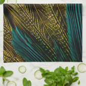 抽象芸術エレガントティール(緑がかった色)ブルー金ゴールド孔雀の羽根 | キッチンタオル (折り畳み)