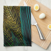 抽象芸術エレガントティール(緑がかった色)ブルー金ゴールド孔雀の羽根 | キッチンタオル (四つ折り)
