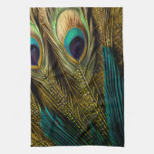 抽象芸術エレガントティール(緑がかった色)ブルー金ゴールド孔雀の羽根 | キッチンタオル (縦)