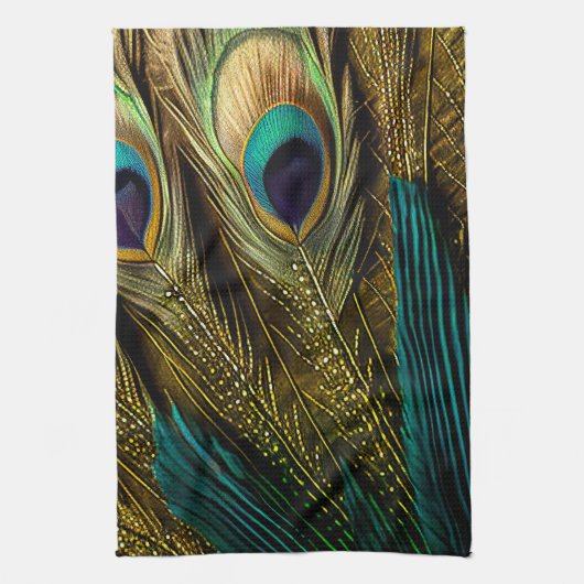 抽象芸術エレガントティール（緑がかった色）ブルー金ゴールド孔雀の羽根 | キッチンタオル (縦)