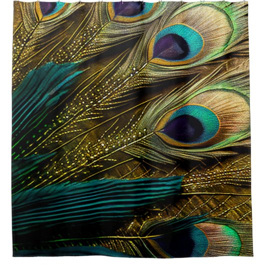 抽象芸術エレガントティール(緑がかった色)ブルー金ゴールド孔雀の羽根 | シャワーカーテン (正面)