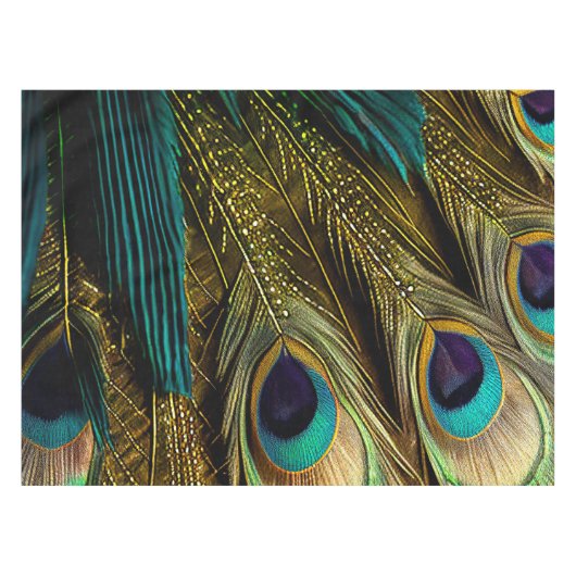 抽象芸術エレガントティール(緑がかった色)ブルー金ゴールド孔雀の羽根 | テーブルクロス (正面(横))