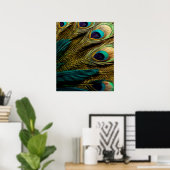 抽象芸術エレガントティール(緑がかった色)ブルー金ゴールド孔雀の羽根 | ポスター (ホームオフィス)