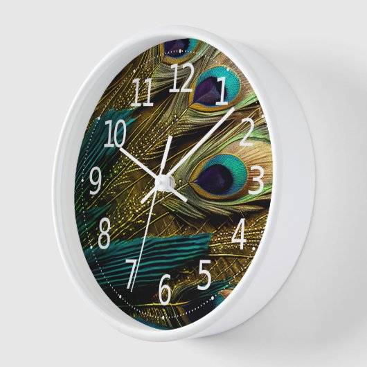 抽象芸術エレガントティール(緑がかった色)ブルー金ゴールド孔雀の羽根 | 壁時計 (傾斜)
