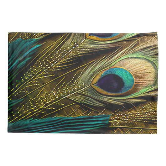 抽象芸術エレガントティール(緑がかった色)ブルー金ゴールド孔雀の羽根 | 枕カバー (裏面-左)