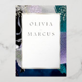 抽象芸術エレガントティール(緑がかった色)薄紫ブラシストローク 箔招待状 (正面)