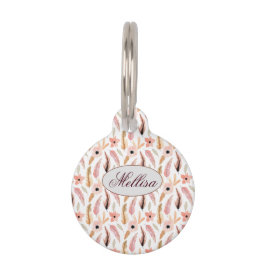 抽象芸術エレガントピンク花柄モノグラム名 ペット　ネームタグ