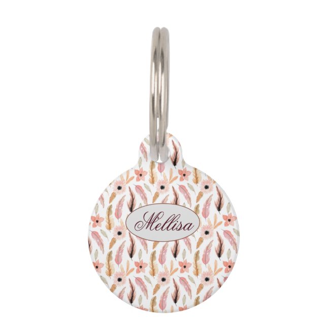 抽象芸術エレガントピンク花柄モノグラム名 ペット　ネームタグ (正面)