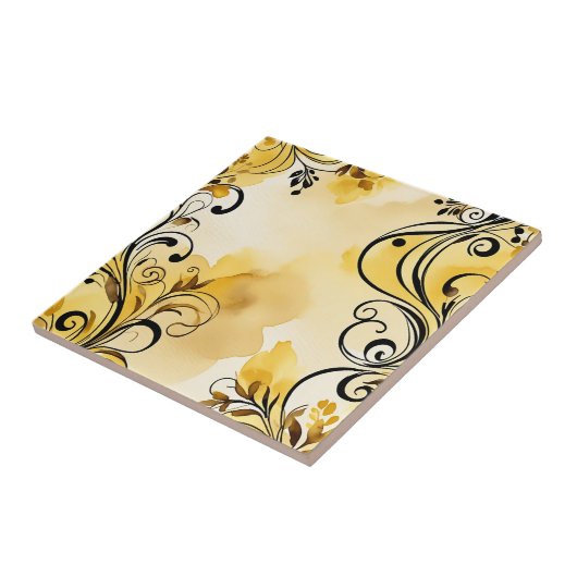 抽象芸術エレガントフローラ水色(黄) タイル (側面)