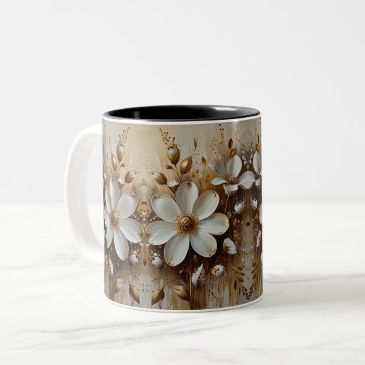 抽象芸術エレガントフローラ油彩画金ゴールド ツートーンマグカップ (正面左)