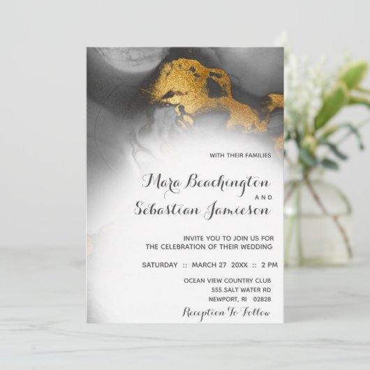 *~*抽象芸術エレガントブラックグレー金ゴールドグリッター 招待状 (スタンド正面)