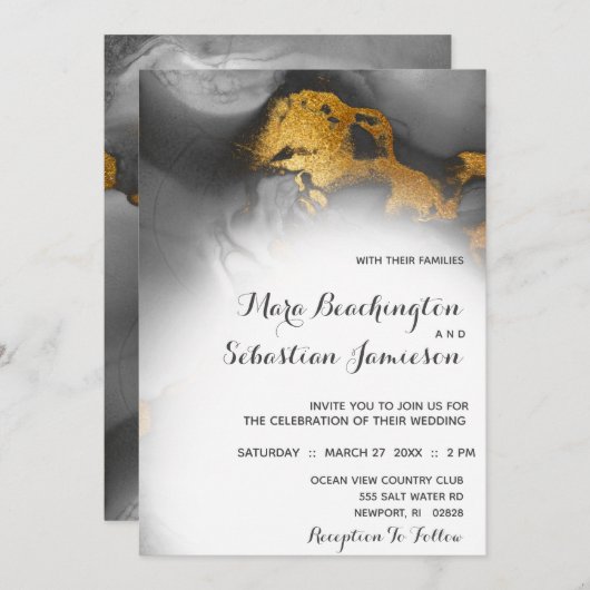 *~*抽象芸術エレガントブラックグレー金ゴールドグリッター 招待状 (正面/裏面)