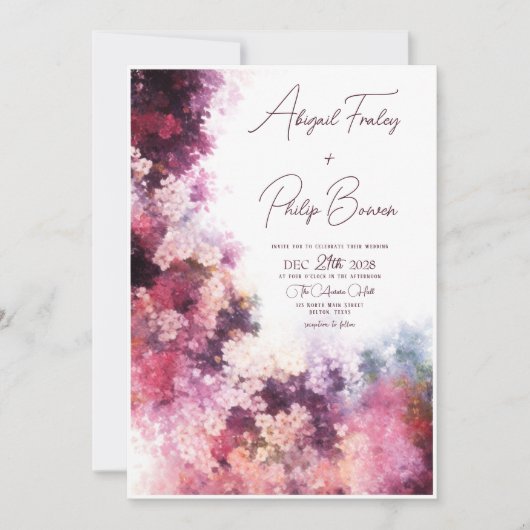 抽象芸術エレガントブルゴーニュフローラ結婚ズ 招待状 (正面)