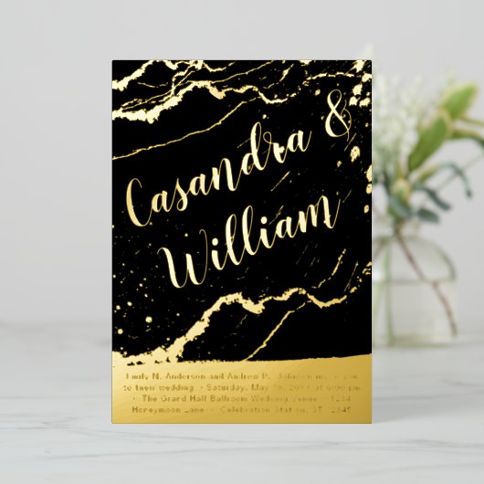 抽象芸術エレガント大理石の金ゴールド結婚のFo 箔招待状 (立ち正面)