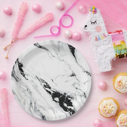 抽象芸術エレガント白大理石黒石 ペーパープレート (パーティー)