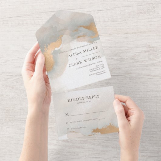 抽象芸術エレガント金ゴールド水彩色パインタリー結婚ズ オールインワン招待状 (貼ってはがせる)