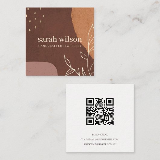 抽象芸術エレガント錆オレンジの葉の葉QRコード スクエア名刺 (正面/裏面)