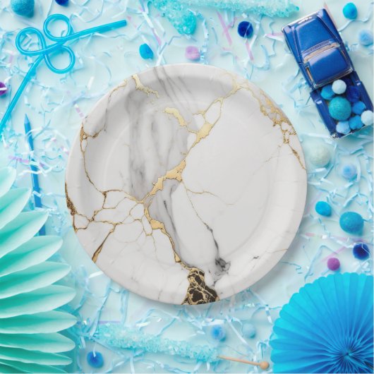 抽象芸術エレガント黒白金ゴールド大理石 ペーパープレート (パーティー)