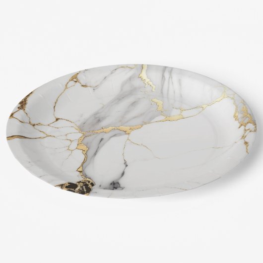 抽象芸術エレガント黒白金ゴールド大理石 ペーパープレート (アングル)