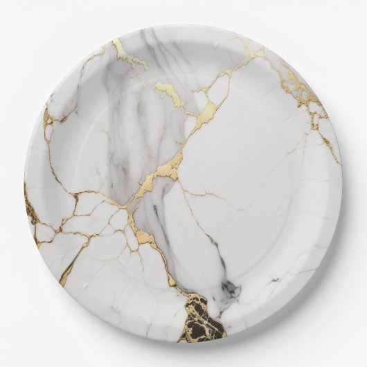 抽象芸術エレガント黒白金ゴールド大理石 ペーパープレート (正面)