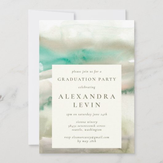 抽象芸術オリーブグリーン水彩卒業パーティー 招待状 (正面)
