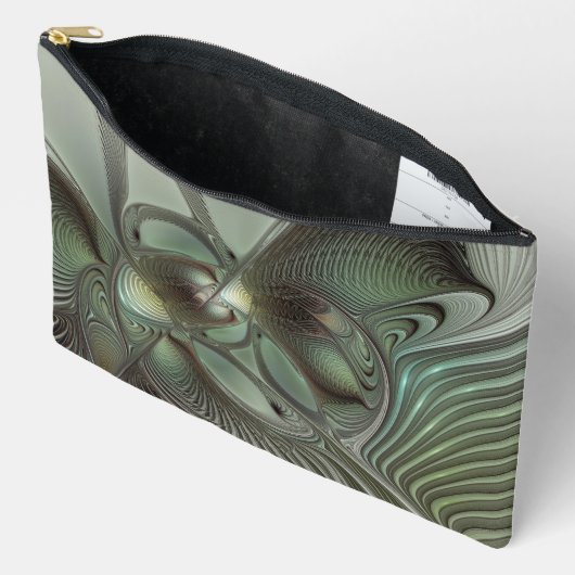 抽象芸術オリーブセージ緑グレーフラクタルアートファンタジー アクセサリーポーチ (見開き)