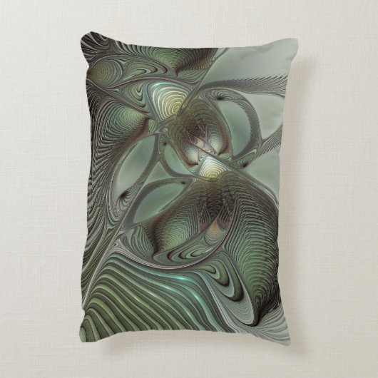 抽象芸術オリーブセージ緑グレーフラクタルアートファンタジー アクセントクッション (裏面(縦))