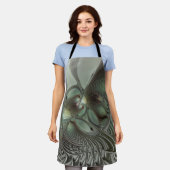 抽象芸術オリーブセージ緑グレーフラクタルアートファンタジー エプロン (着用した状態)