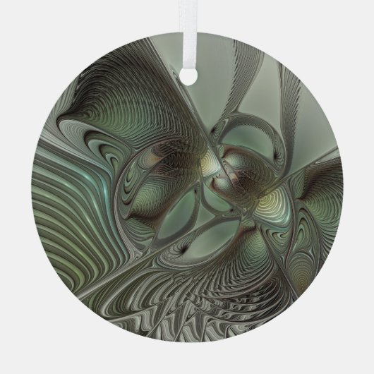 抽象芸術オリーブセージ緑グレーフラクタルアートファンタジー ガラスオーナメント (裏面)